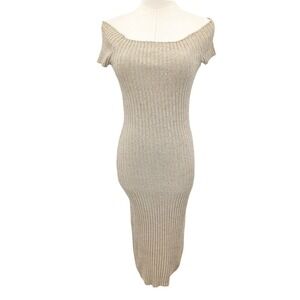 A'Gaci Gold Shimmer Ribbed Off Shoulder Sweater Dress Bodycon Women's M